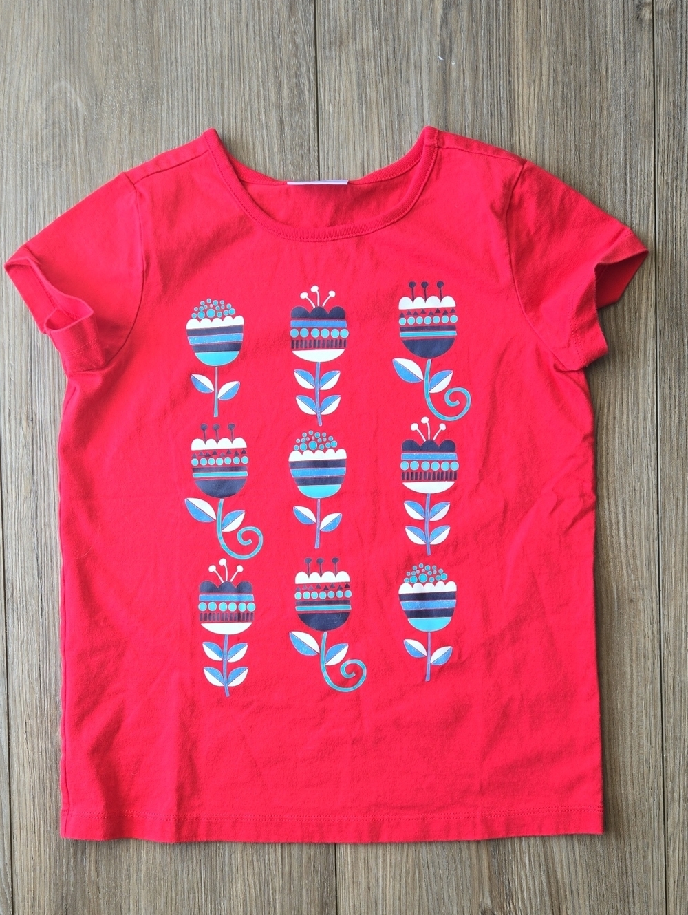 Hanna Andersson Red Tee with Blue & White Flower Stripe Print